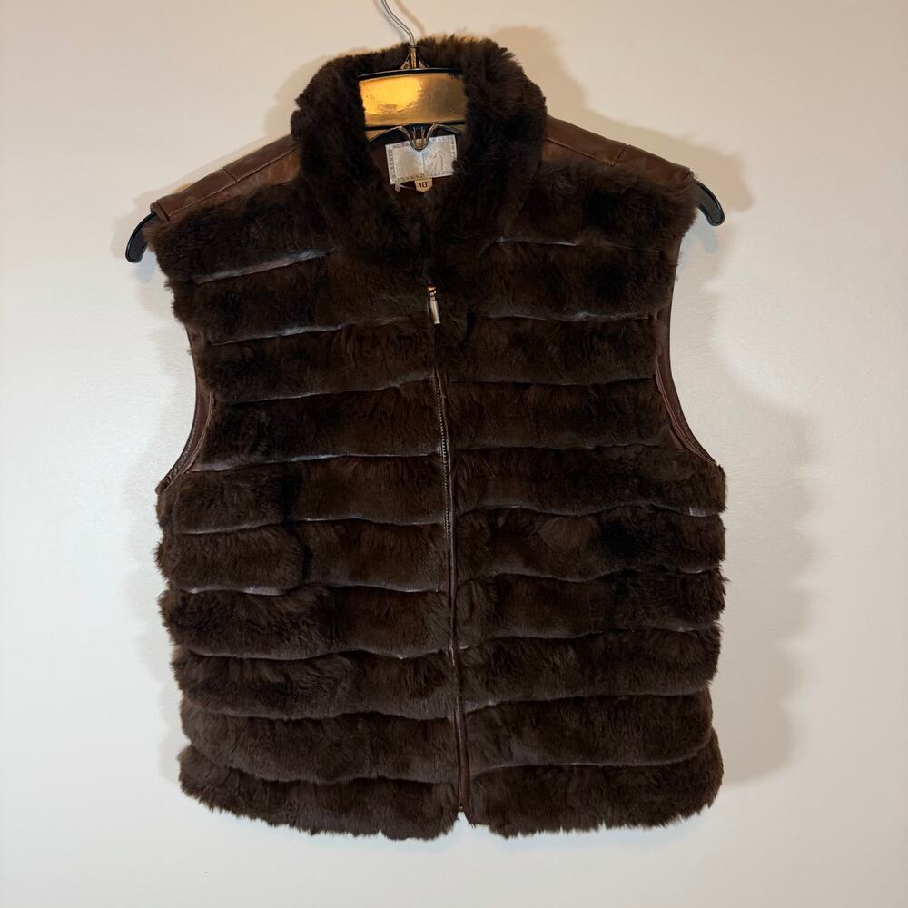 Vintage Alberto Makali Natural Leather Brown Natural Fur Zip Up Vest Womens 10